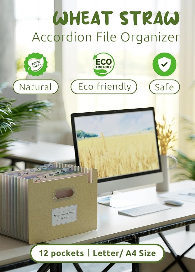 Accordion File Organizer, 12 Pockets Wheat Straw Expanding File Folders, Upright&Open Top, Monthly Bill Receipt Organizer, 100% BPA Free, Return to Nature, Healthy Living, Letter/A4 Size-Wheat Yellow-DeskLoop Office