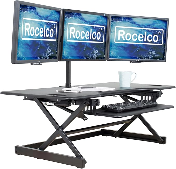 Rocelco 46" Large Height Adjustable Standing Desk Converter - Quick Sit Stand Up Triple Monitor Riser - Tall Gas Spring Assist Computer Workstation - Retractable Keyboard Tray - Black (R DADRB-46)-DeskLoop Office