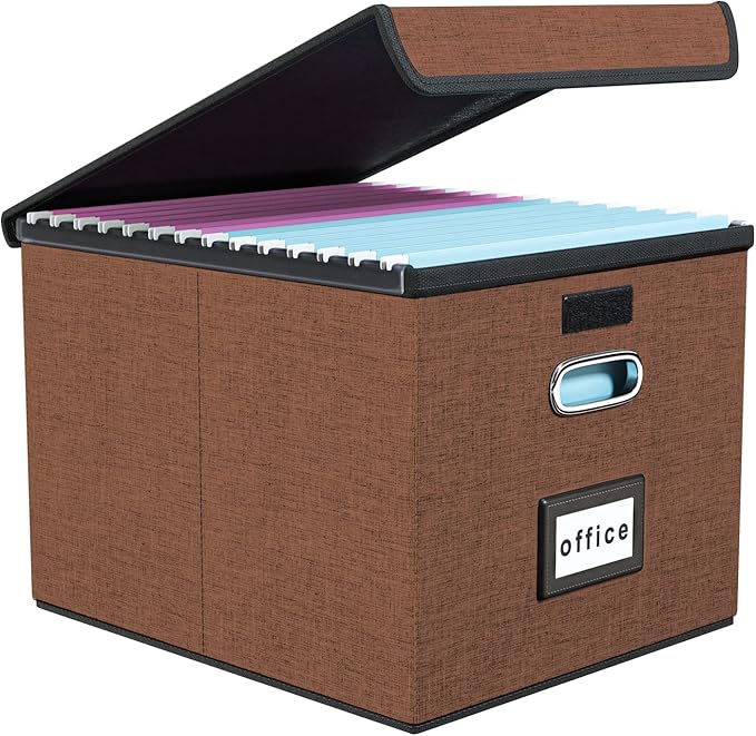 Huolewa Upgrade Portable File Organizer Box with Lid,Large Linen Hanging Office Document Storage Box with Lid,Collapsible Filing&Storage Box for Office/Decor/Home-14.9x12.7x10.8in,1pk-without folders-DeskLoop Office