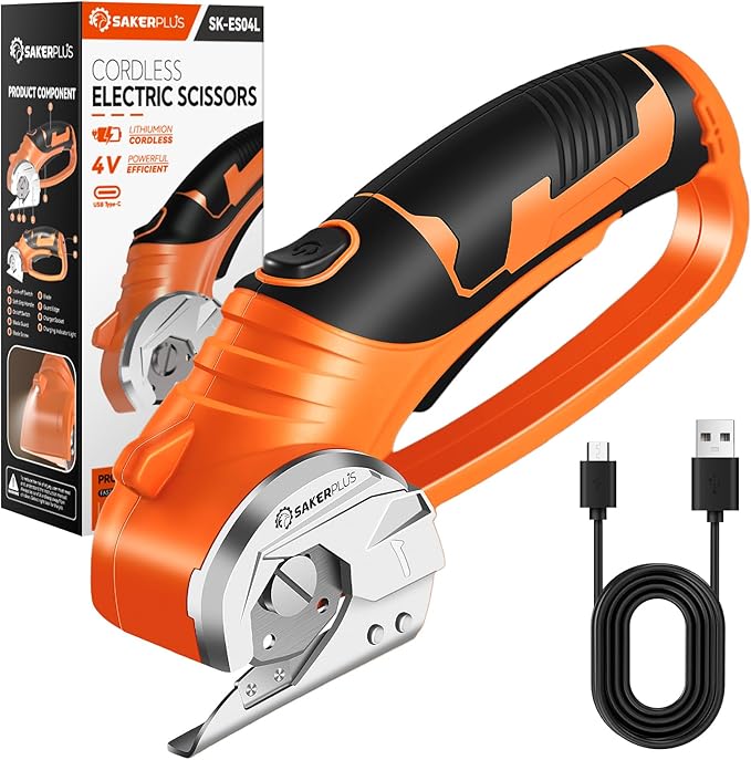 Cordless Electric Scissors,4V Rechargeable Cardboard Box Cutter Heavy Duty Fabric Scissor with Safety Lock & LED Light,Power Rotary Cutter for Leather Carpet Plastic Cutting,Sewing,Crafting