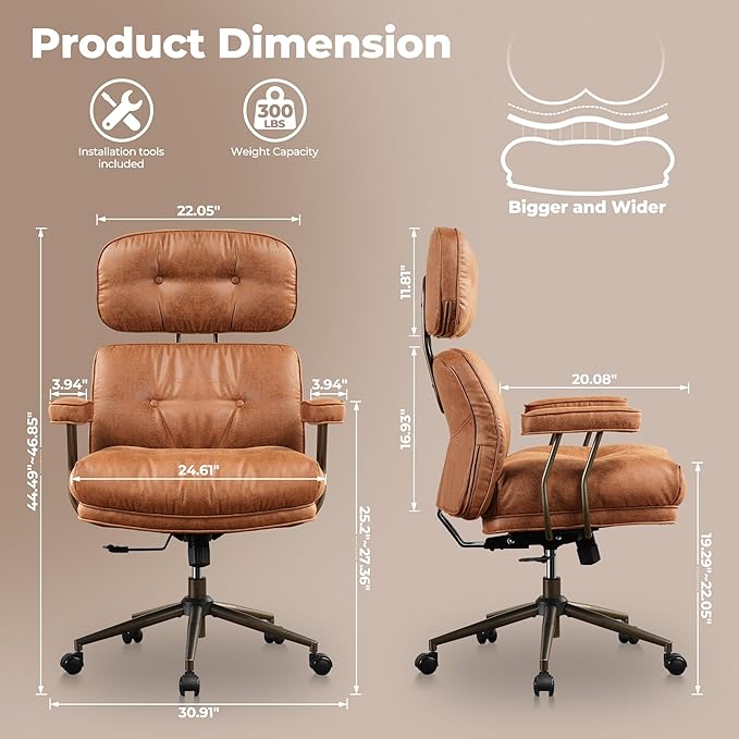 ovios Home Office Chair, Mid-Century Modern Faux PU Leather Chairs with Lumbar Support Comfy Thick Cushion, High Back Ergonomic Swivel Rolling Executive Armchair (Brown, Suede Leather)-DeskLoop Office