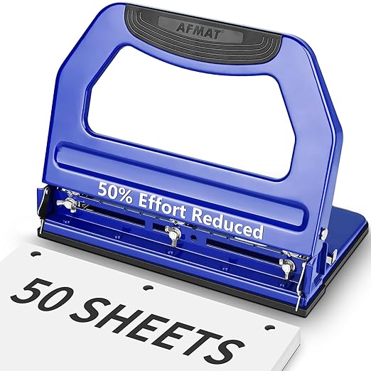 AFMAT 3 Hole Punch, Metal Heavy Duty Paper Punch with 50-Sheet Capacity and Removable Punch Heads for 2 Hole Punch Function, Large Chip Tray, Blue-DeskLoop Office