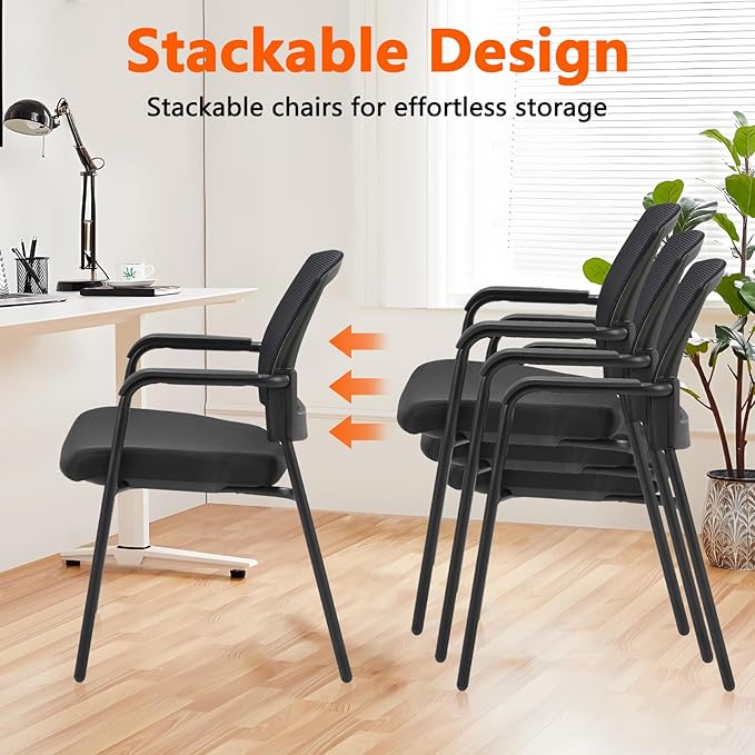 CLATINA Office Reception Guest Chair Mesh Back Stacking with Ergonomic Lumbar Support and Thickened Seat Cushion for Waiting Conference Room Black 4 Pack-DeskLoop Office