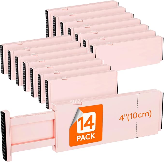 Lifewit 14 Pack Drawer Dividers 4" High, 11-17" Adjustable Drawer Organizers for Clothes, Expandable Dresser Separators in Bedroom/Bathroom/Kitchen/Fridge/Office Organization and Storage, Pink-DeskLoop Office