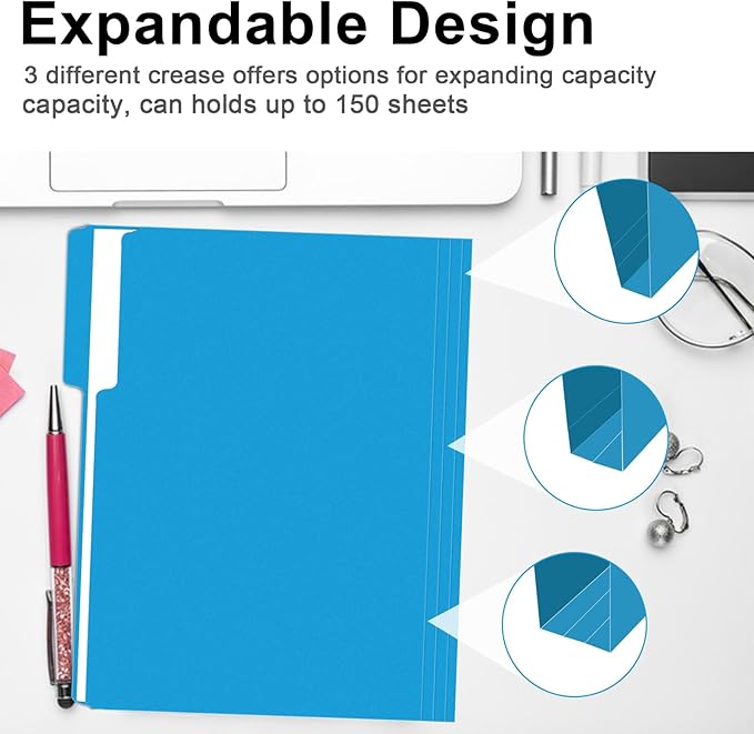 File Folder, RAZCC 150 Pack 1/3 Cut Tab File Folders Letter Size, Blue, Colored Folders with Tab Great for Organizing and Easy File Storage-DeskLoop Office
