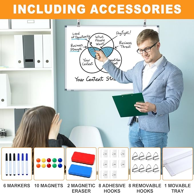 H-Qprobd White Board Dry Erase Whiteboard for Wall 24x18 (2pcs) Magnetic Boards for Office Classroom & Home, Small Wall Whiteboard Including 6 Markers, 10 Magnets, 2 Erasers & 10 Adhesive Hooks-DeskLoop Office