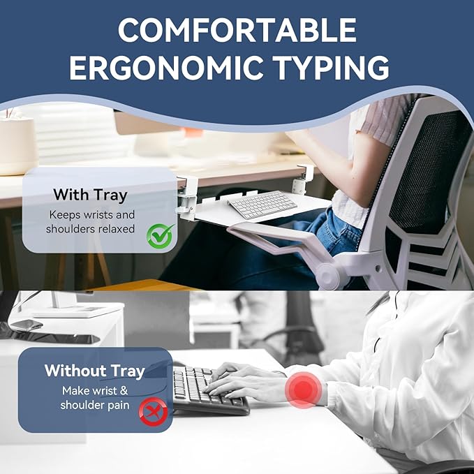 VUSIGN Keyboard Tray Under Desk Height Adjustable,Pull Out with Adjustable C Clamp Mount System for L-Shaped Tables, Extra Sturdy, 26.4” x 11.8” Slide-Out Platform Computer Drawer for Typing,White-DeskLoop Office