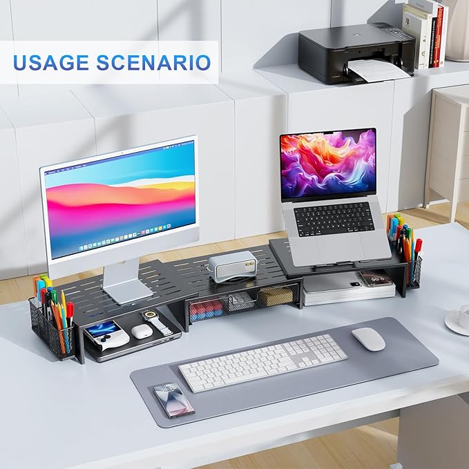 gianotter Computer Dual Monitor Stand Riser For Desk, Desk Organizers And Accessories With Drawer And 2 Pen Holder For Office, Home, School Supplies (Black)-DeskLoop Office