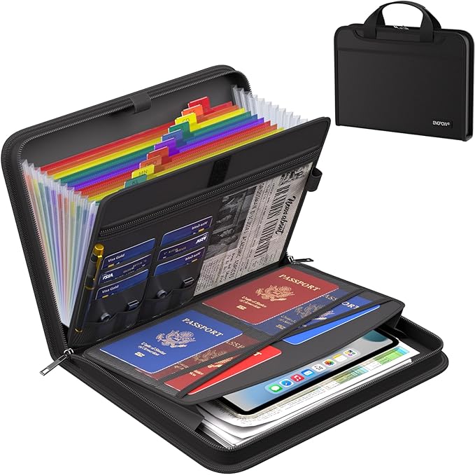 ENGPOW Accordion File Organizer,Fireproof Expanding File Folder with Multi Pockets,13 Colorful Pockets Document Organizer with Handle & Labels,Portable Home Travel Safe Storage for Letter A4 Files-DeskLoop Office