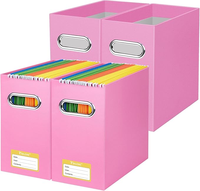 BALEINE File Organizer Box, Cardboard File Folder Organizer with Handle for Letter Size, Portable Collapsible Hanging Filing Box for Home Office Document Storage (4 Pack, Pink)-DeskLoop Office
