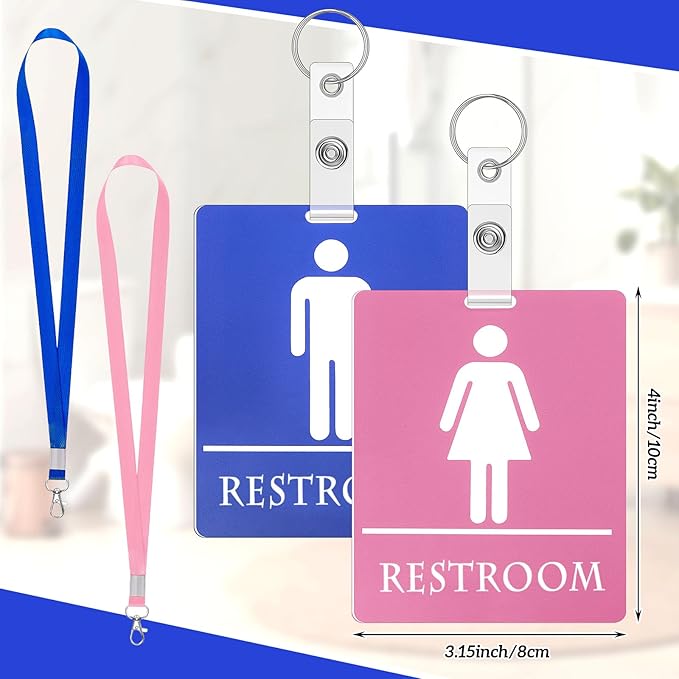 12 Set Bathroom Pass Restroom Pass with Key Holder Keychain with Lanyard PVC Blue and Pink Restroom Passes for Classrooms Women Men