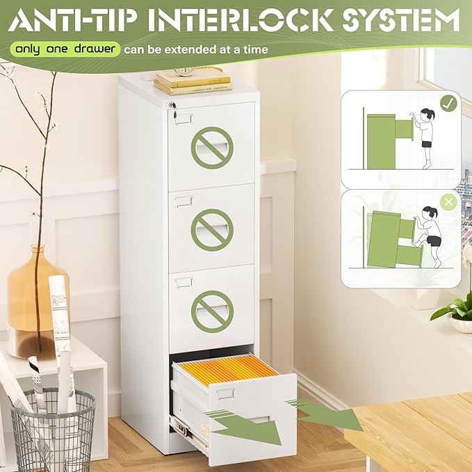 Crownland Lateral File Cabinet with 4 Drawers, 15" W Metal Lockable Office File Cabinets for Home Office- Stores Letter/Legal/A4/F4 Files(White)-DeskLoop Office