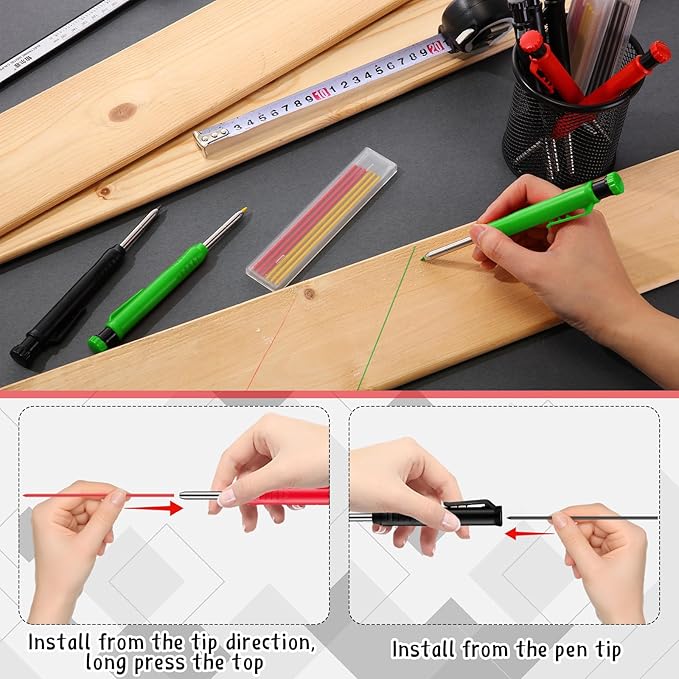 8 pack 2.8mm Mechanical Carpenter Pencils with 48 Refills, Construction Pencils with Built-in Sharpener, Long Nib Deep Hole Marker, Heavy Duty Woodworking Tools(Black+yellow+red+green)-DeskLoop Office