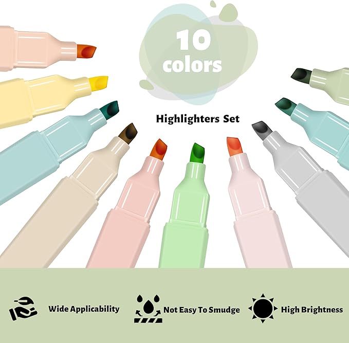 Highlighters Assorted Colors,10Pcs Bible Highlighters and Pens No Bleed, Assorted Colors, Pastel Set, Cute Marker Pens-DeskLoop Office