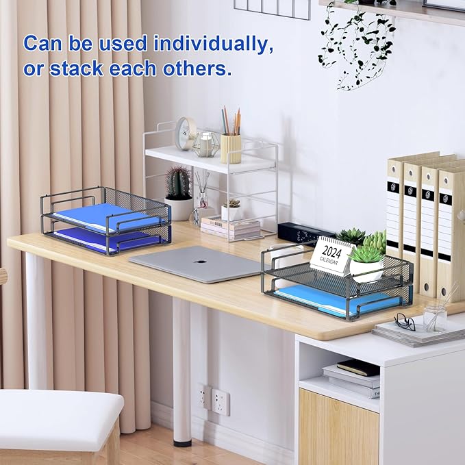 Samstar 4 Pack Stackable Letter Paper Tray, Desk File Organizer Paper Sorter for Letter/A4 Size Folders Documents, Mesh Made-DeskLoop Office