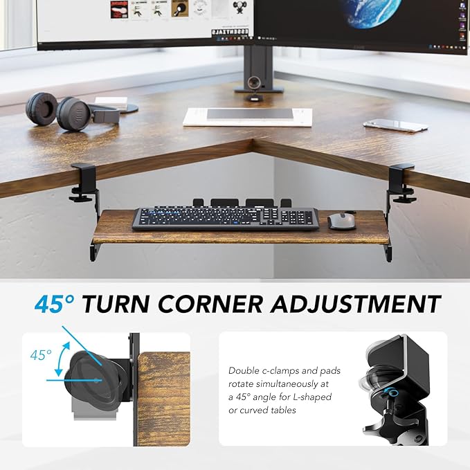 Keyboard Tray Under Desk Pull Out with Extra Sturdy C Clamp Mount System, 27.3 (32.5 inch Including Clamps) x 11 Inch Slide-Out Platform Computer Drawer for Typing Vintage AX01WG02-DeskLoop Office