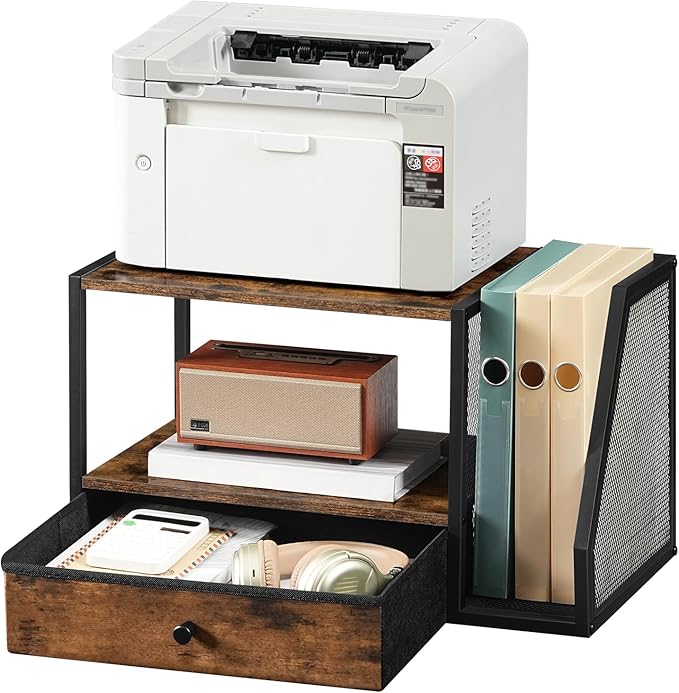 Home Printer Stand for Desk, Desktop Printer Table with Storage Drawer and Side Book Stand, 2-Tier Printer Shelf, Desk Organizer for Home Office, Rustic Brown and Black PTHR3001-DeskLoop Office
