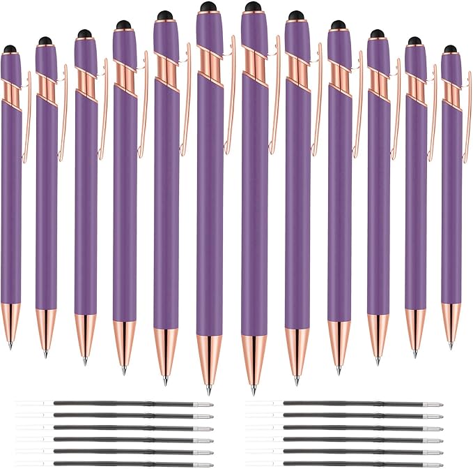 12 PCS 2 in 1 Stylus Ballpoint Pen with Stylus Tip, 1.0 mm Black Ink Metal Pen Stylus Pen for Touch Screens (Light Purple)-DeskLoop Office