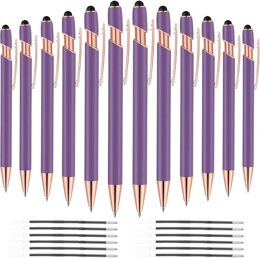 12 PCS 2 in 1 Stylus Ballpoint Pen with Stylus Tip, 1.0 mm Black Ink Metal Pen Stylus Pen for Touch Screens (Light Purple)-DeskLoop Office