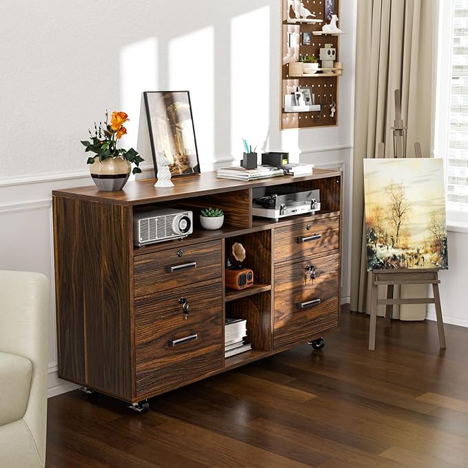 VINGLI Dark Brown Wood Lateral File Cabinet with Lock, 4 Drawer & 4 Open Shelves, Rolling File Cabinet for Home Office, Letter Sized-DeskLoop Office