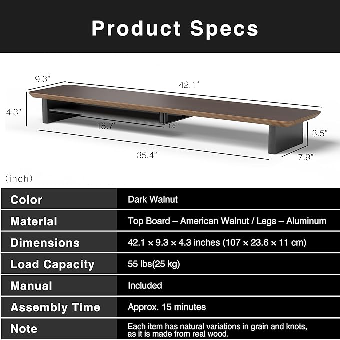Walnut Dual‑Tier Monitor Stand for Modern Desk Setup – Minimalist Wooden Riser Shelf for Dual Monitors, Laptops, Home Office Aesthetic (Dark Walnut, Large)-DeskLoop Office