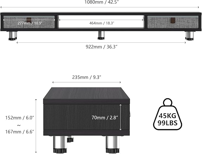 Fenge Dual Monitor Stand with 2 Drawers, 42.5 Inches Large Computer Riser for Desk, Adjustable Height Desk Shelf with Storage for Laptop, PC, TV, Printer-DeskLoop Office