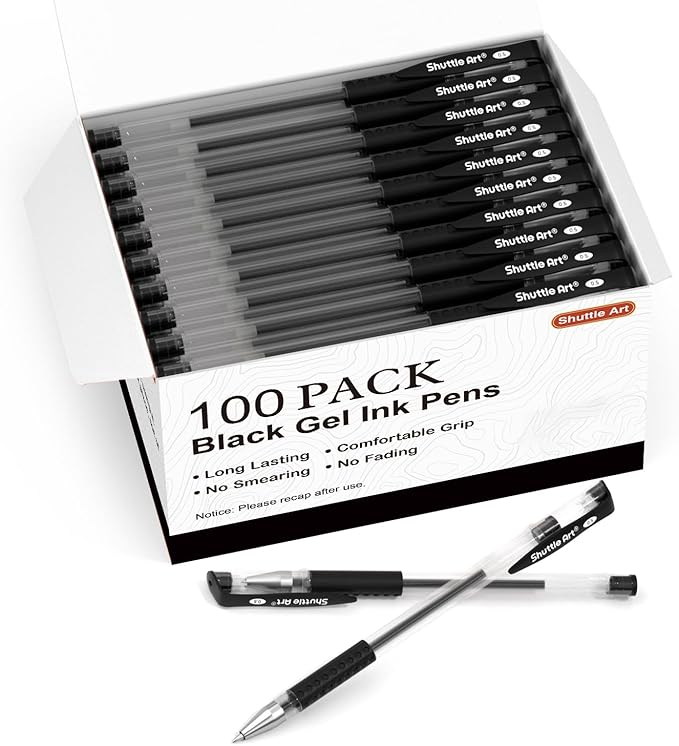 Shuttle Art Black Gel Pens, 100 Pack Fine Point Black Ink Pens Bulk, 0.5mm Rollerball Gel Ink Pens Smooth Writing with Comfortable Grip for Office, School and Home-DeskLoop Office