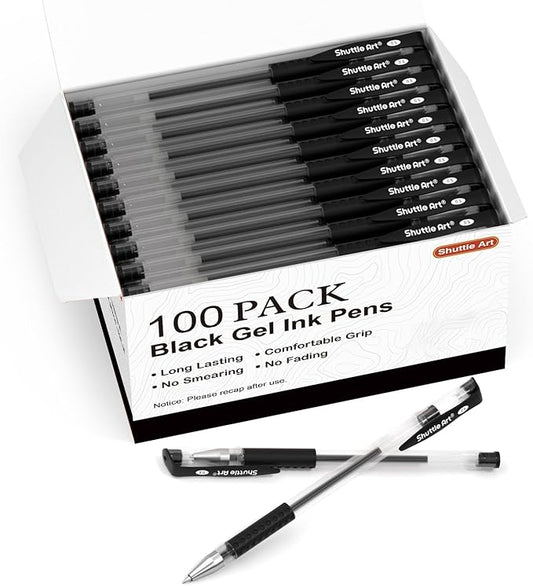 Shuttle Art Black Gel Pens, 100 Pack Fine Point Black Ink Pens Bulk, 0.5mm Rollerball Gel Ink Pens Smooth Writing with Comfortable Grip for Office, School and Home-DeskLoop Office
