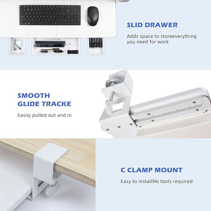 Keyboard Tray Under Desk with Drawer,26.77" X 11.81"Large Size Keyboard Tray with C Clamp-on Mount, Easy to Install, for Home Office (White)-DeskLoop Office