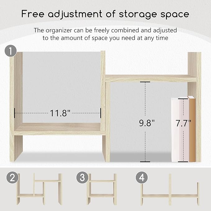 Jerry & Maggie Desktop Organizer Office Storage Rack Adjustable Wood Display Shelf Free Style Double H, Multi-Functional Mini Bookshelf for Desk Natural Stand (White Wood Tone)-DeskLoop Office