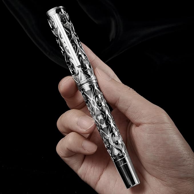 Hongdian D1 Piston Fountain Pen Extra Fine Nib, Hollow Skeleton & Resin Pen with Metal Case Set (Silver)-DeskLoop Office