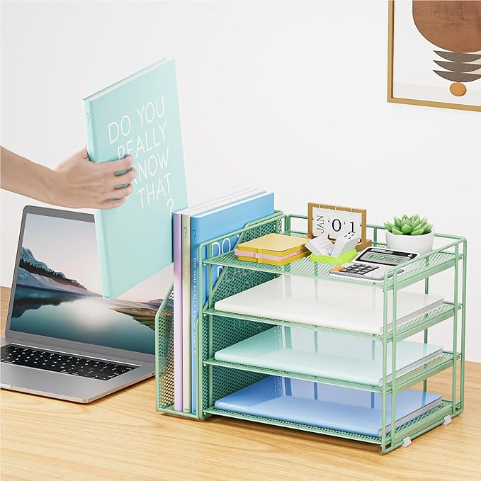 Marbrasse Desk Organizer and Accessories,4-Tier Paper Letter Tray Organizer with File Holder,Desk Accessories & Workspace Desktop Organizers for School Home Office Supplies (Green)