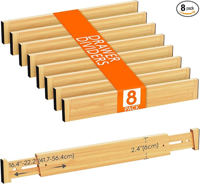 Lifewit 8 Pack Drawer Dividers Bamboo 2.4" High, 16-22" Adjustable Drawer Organizers for Clothes, Wooden Dresser Separators in Bedroom/Bathroom/Kitchen/Fridge/Office Organization and Storage-DeskLoop Office