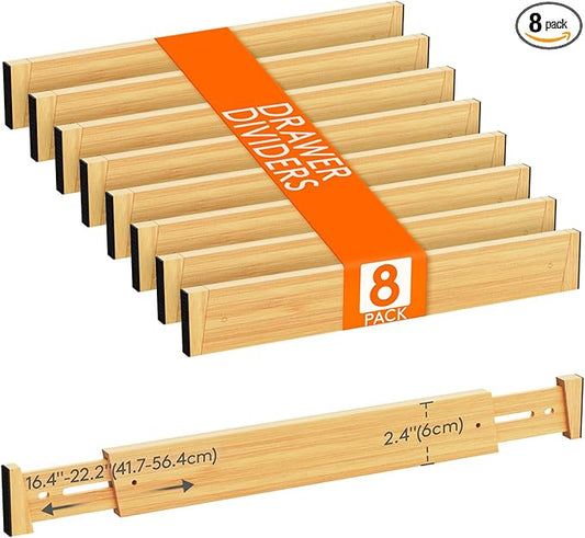 Lifewit 8 Pack Drawer Dividers Bamboo 2.4" High, 16-22" Adjustable Drawer Organizers for Clothes, Wooden Dresser Separators in Bedroom/Bathroom/Kitchen/Fridge/Office Organization and Storage-DeskLoop Office