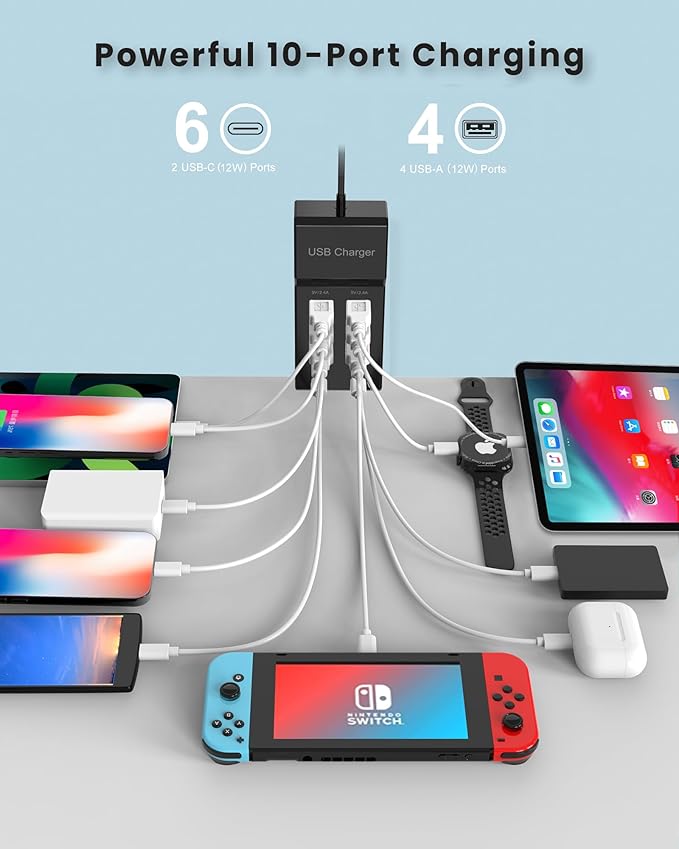 USB C Charger Block 10-Port USB-C Charging Station 6 USBC Ports & 4 USB-A Ports Total 50W USB Power Strip for Multi Devices for iPhone 16 17 15 14 13 12 Se, Galaxy, Pixel, Tablet, Camera, Headphones-DeskLoop Office
