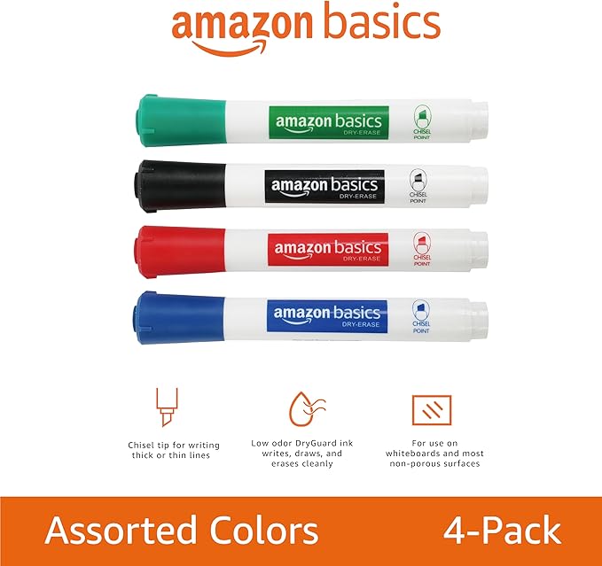 Amazon Basics Low-Odor Chisel Tip Dry Erase Whiteboard Marker, Pack of 4, Black, Red, Green, Blue-DeskLoop Office