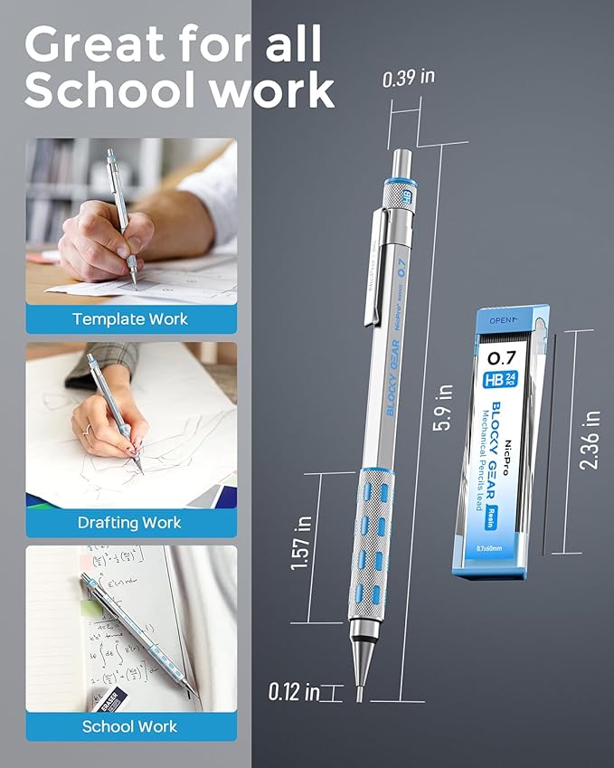 Nicpro Blocky Gear 0.7 mm Mechanical Pencils Set in Case, Metal Pencil with Lead Refills, Eraser for Professional & Adult Art Writing Drafting Drawing-DeskLoop Office
