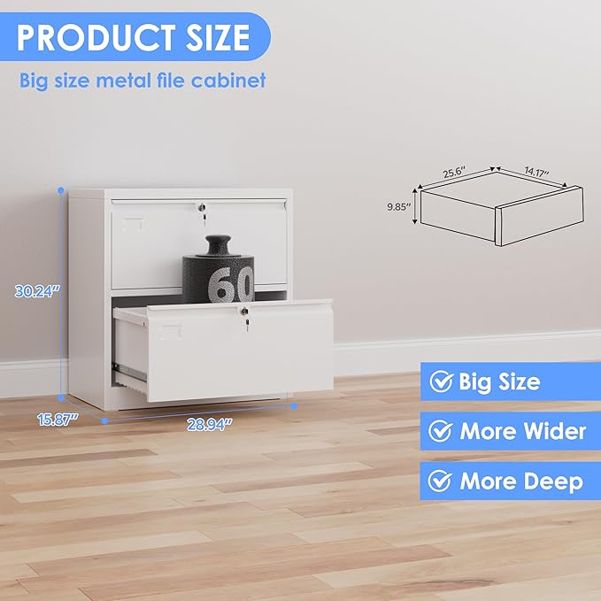 2 Drawer Lateral File Cabinet, Metal Wide Filing Cabinet with Independent Locks, Home Office Furniture for Hanging Files Letter/Legal/F4/A4 Size, Assembly Required, White-DeskLoop Office