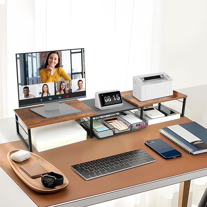 Dual Monitor Stand Riser, Desk Organizer with Drawer, Desk Organizers and Accessories, Workspace Organization Computer Monitor Stand for Laptop, Printer, TV, Office Supplies, Rustic Brown-DeskLoop Office
