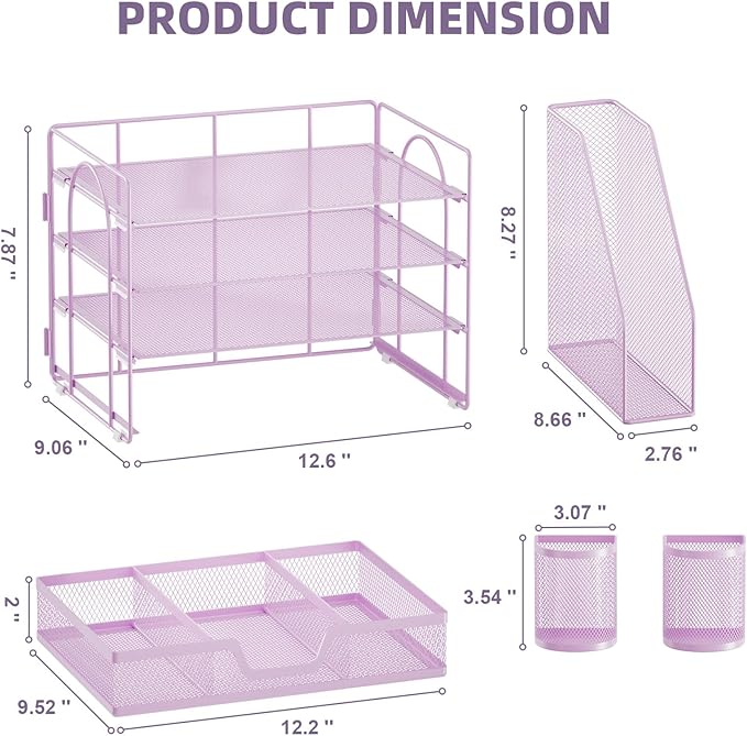 Marbrasse Desk Organizer and Accessories,4-Tier Paper Letter Tray Organizer with File Holder, Workspace Desk Organizers Accessories with Drawer and 2 Pen Holder (Purple, 15.4" x 9.1" x 8.3")