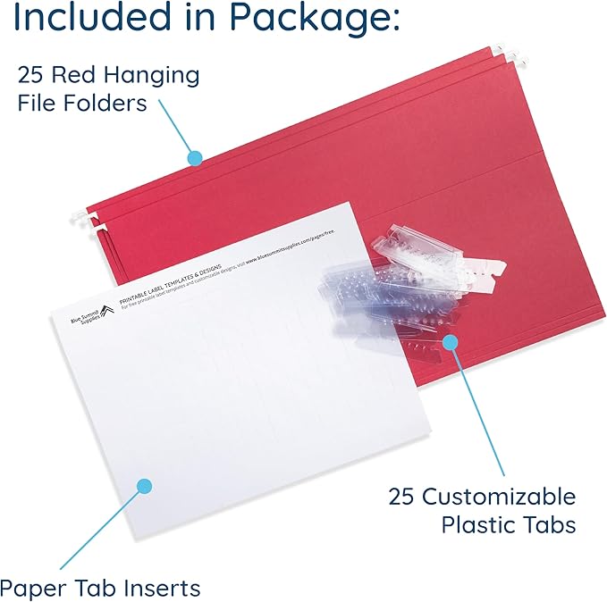 25 Blue Summit Supplies Legal Size Hanging File Folders - Red Hanging File Folders with Plastic Tabs and Inserts, Durable 11pt Paper, 25 Pack-DeskLoop Office