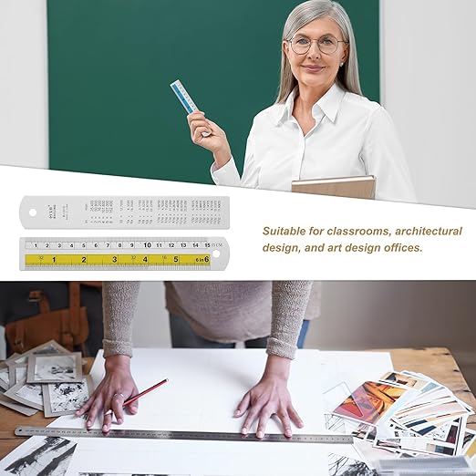 HARFINGTON 4pcs Metal Straight Ruler 15cm Metric SAE Aluminum Alloy Measuring Rulers Scale Tool with Hole for Measure Study Reading Classroom Office, Yellow-DeskLoop Office