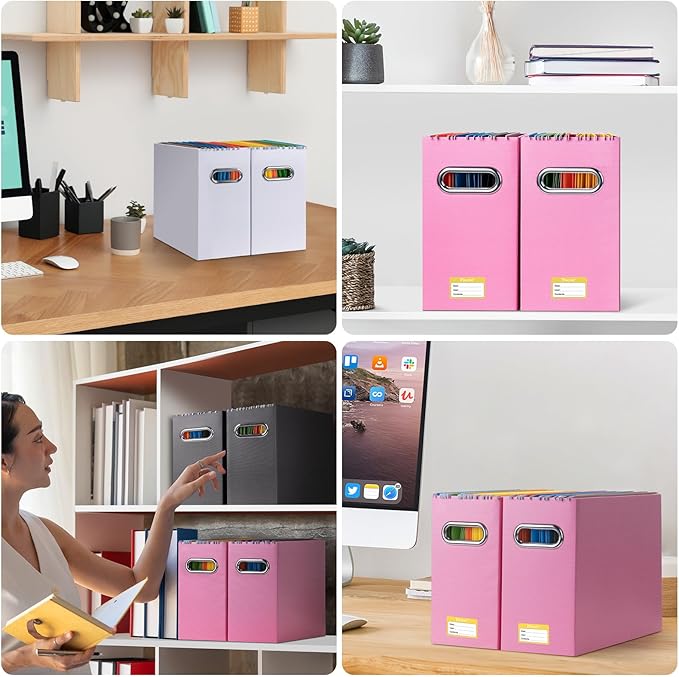 BALEINE File Organizer Box, Cardboard File Folder Organizer with Handle for Letter Size, Portable Collapsible Hanging Filing Box for Home Office Document Storage (4 Pack, Pink)-DeskLoop Office