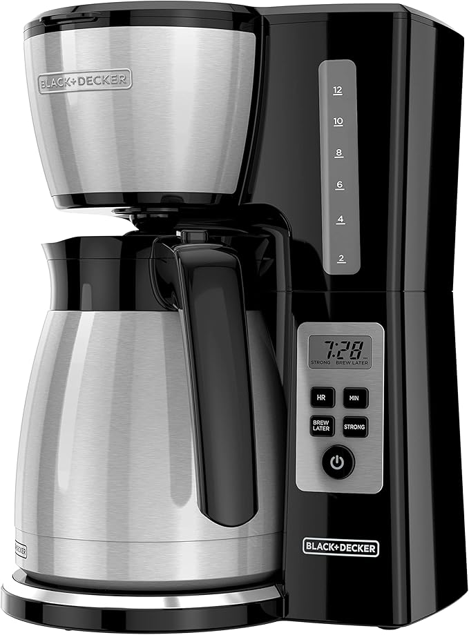 BLACK+DECKER 12 Cup Thermal Programmable Coffee Maker with Brew Strength and VORTEX Technology, Black/Steel-DeskLoop Office