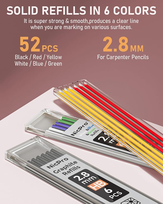 Nicpro 4 Pack Carpenter Pencil with Sharpener, Mechanical Carpenter Pencils with 52 Refills, Construction Pencil Heavy Duty Woodworking Pencils for Architect (Red, Black, Yellow, Blue)-DeskLoop Office