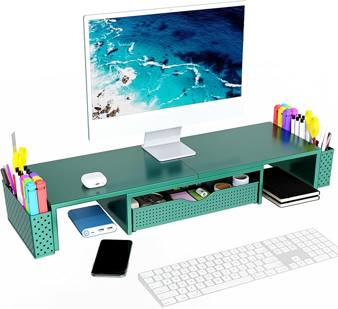Spacrea Metal Desk Organizers and Accessories, Dual Monitor Stand Riser with Drawer and 2 Pen Holders, Desk Accessories & Workspace Desktop Organizers for Office Supplies (Dark Gree)-DeskLoop Office