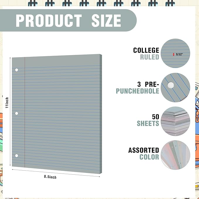 PerKoop 400 Sheets Colored Loose Leaf Paper 8.5" x 11" college ruled Lined 3 Hole Punched notebook Filler Paper for 3 Ring Binders Office School Supplies (Morandi Colors)-DeskLoop Office