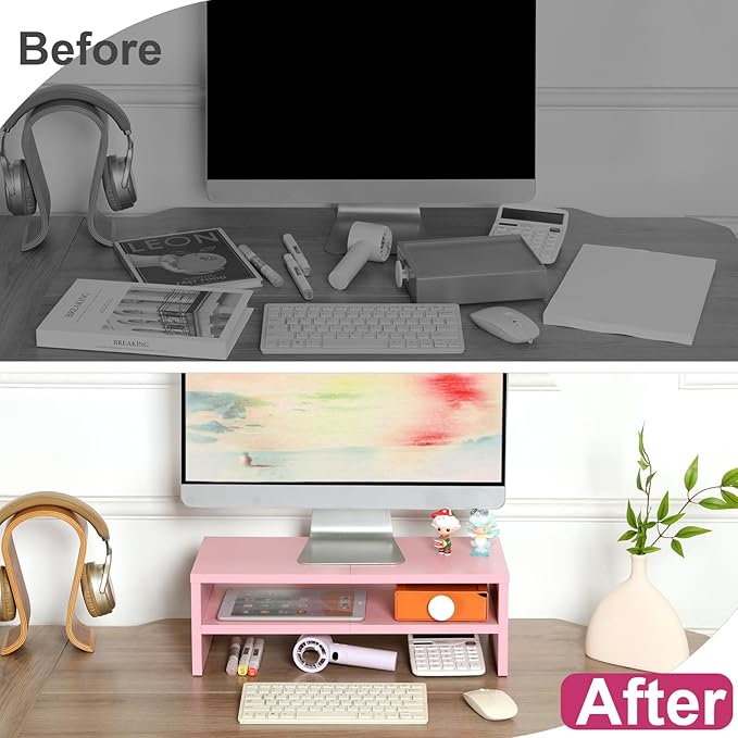 TEAMIX 2 Tiers Pink Monitor Stand Riser, Desktop Stand with Keyboard Storage Small TV Stand Laptop Wooden Desk Organizer Cute Shelf (Pink, 2 Tiers)-DeskLoop Office