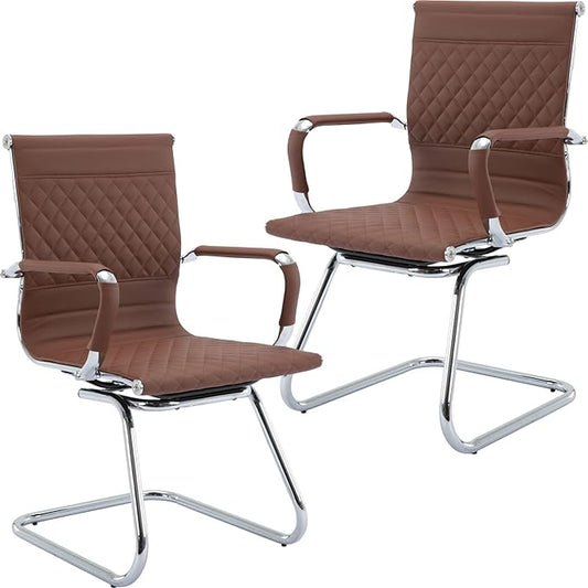 Modern Office Chairs Set of 2, Brown Faux Leather, Ergonomic, Adjustable Height, Conference Room, Reception Area-DeskLoop Office
