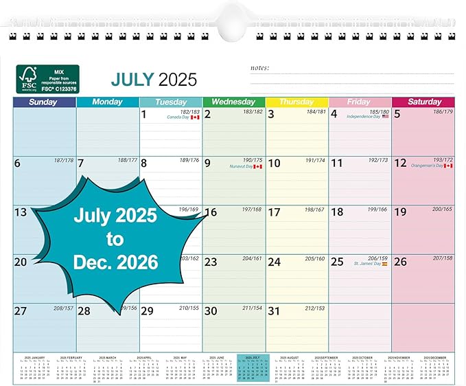 BOCT Wall Calendar 2025-2026 - Includes July 2025 to December 2026-18 Monthly Daily Planner 13 x 9.6 Inches, Julian Dates for New Year Christmas Gifts-DeskLoop Office